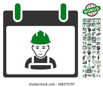 Worker Calendar Day icon with bonus calendar and time management pictograph collection. Vector illustration style is flat iconic symbols, green and gray, white background.