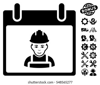 Worker Calendar Day icon with bonus tools images. Vector illustration style is flat iconic symbols, black, white background.