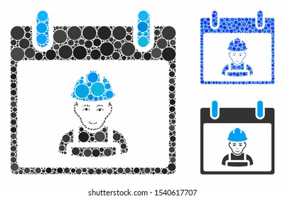 Worker calendar day mosaic of circle elements in various sizes and color hues, based on worker calendar day icon. Vector circle elements are organized into blue illustration.