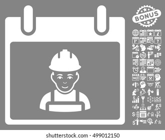 Worker Calendar Day pictograph with bonus calendar and time management images. Vector illustration style is flat iconic symbols, white, gray background.