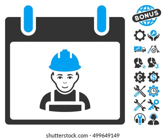 Worker Calendar Day pictograph with bonus service images. Vector illustration style is flat iconic symbols, blue and gray, white background.