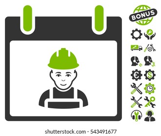 Worker Calendar Day pictograph with bonus configuration design elements. Vector illustration style is flat iconic symbols, eco green and gray, white background.