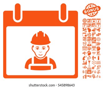 Worker Calendar Day pictograph with bonus calendar and time management graphic icons. Vector illustration style is flat iconic symbols, orange, white background.