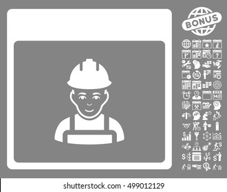Worker Calendar Page icon with bonus calendar and time management graphic icons. Vector illustration style is flat iconic symbols, white, gray background.
