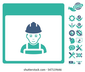 Worker Calendar Page icon with bonus configuration design elements. Vector illustration style is flat iconic symbols, cobalt and cyan, white background.