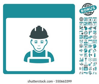 Worker Calendar Page icon with bonus calendar and time management pictograms. Vector illustration style is flat iconic symbols, soft blue, white background.