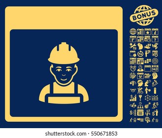 Worker Calendar Page icon with bonus calendar and time management icon set. Vector illustration style is flat iconic symbols, yellow, blue background.