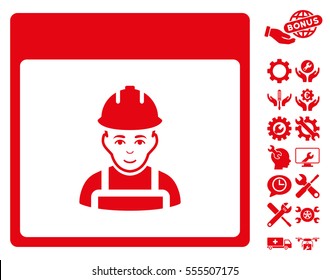 Worker Calendar Page icon with bonus tools pictures. Vector illustration style is flat iconic symbols, red, white background.