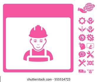 Worker Calendar Page icon with bonus tools pictures. Vector illustration style is flat iconic symbols, pink, white background.