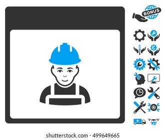 Worker Calendar Page pictograph with bonus configuration pictograms. Vector illustration style is flat iconic symbols, blue and gray, white background.