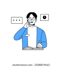 Worker of call center communicates with clients. Operator of support service helps people. Helpdesk employee in headset makes note, works at hotline. Flat isolated outline vector illustration on white