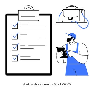 Worker in cap and overalls checking items on tablet, large clipboard with checkmarks, briefcase. Ideal for task management, productivity, organization, industrial work, quality control, planning