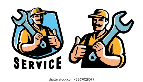 Worker in cap with wrench. Engineer, technician, mechanic, builder logo. Workshop, service emblem. Vector illustration