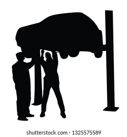 Worker in car service checking vehicle vector silhouette illustration isolated on white. Car raised on lift in auto service. Mechanic diagnostic problem with suspension. Breakdown fixed in pit stop. 
