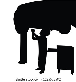 Worker in car service checking vehicle vector silhouette illustration isolated on white. Car raised on lift in auto service. Mechanic diagnostic problem with suspension. Breakdown fixed in pit stop. 