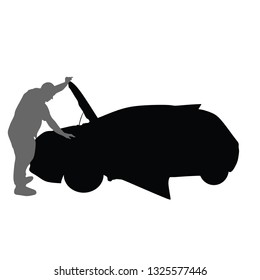 Worker in car service checking vehicle vector silhouette illustration isolated on white. Car  in auto service. Mechanic diagnostic problem with car.Vector. 