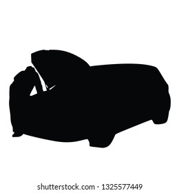 Worker in car service checking vehicle vector silhouette illustration isolated on white. Car  in auto service. Mechanic diagnostic problem with car.Vector. 