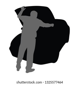 Worker in car service checking vehicle vector silhouette illustration isolated on white. Car  in auto service. Mechanic diagnostic problem with car.Vector. 