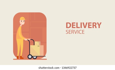 Worker with cardboard boxes on plant background. Delivery service with worker character. Vector