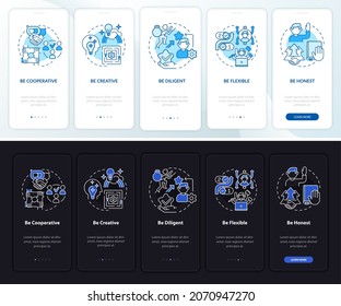 Worker career advancement onboarding mobile app page screen. Success walkthrough 5 steps graphic instructions with concepts. UI, UX, GUI vector template with night and day mode illustrations