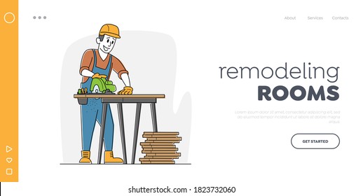Worker Carpentry Woodwork Landing Page Template. Carpenter Character with Circular Saw Working in Workshop Sawing Planks on Table Using Carpentry Equipment and Instruments. Linear Vector Illustration
