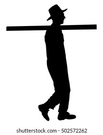 Worker carries a beam on his shoulder vector silhouette illustration. Construction man walking.
