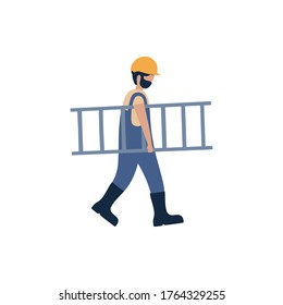 Worker carries a ladder. Vector illustration in a flat style