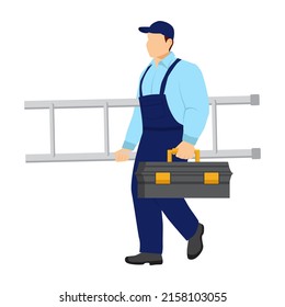 Ein Arbeiter trägt einen Schrittmacher. Ein Mann in Overalls läuft mit einem Werkzeugkasten. Vektorgrafik auf weißem Hintergrund in flachem Stil.