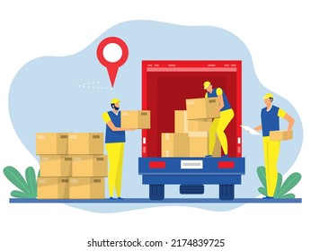  Worker Carrying Boxes on Truck Delivering.  Boxes with Goods. Design element on the subject of delivery and moving illustrator