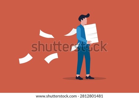 Worker carrying heavy documents documents paperwork. concept of Workload and aggressive deadline causing exhaustion and burnout, overload or overworked office routine