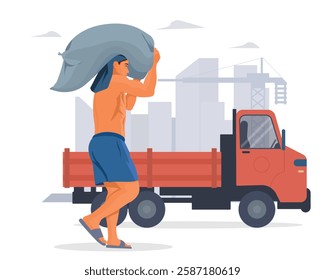 Worker carrying a heavy load on his head, working in the city, Local man carrying a heavy load