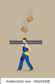 Worker Carrying Metal Poles On Shoulders With Yellow Helmet On Hand, Unaware Of Falling Bricks Above Him. Vector Illustration On Workplace Hazard Concept Isolated On Plain Brown Background.