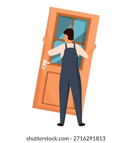 Trabajador que lleva una nueva puerta para el concepto de servicio de la instalación, de la reparación y de la renovación caseras