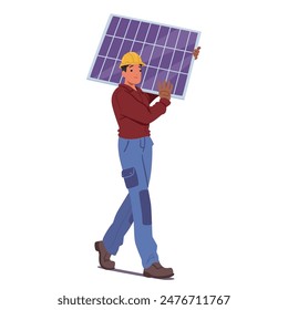 Worker Carrying Solar Panel For Installing. Male Character Wearing Hard Hat And Gloves, Showcasing The Importance Of Safety And Renewable Energy Solutions. Clean Energy, Environment, And Construction