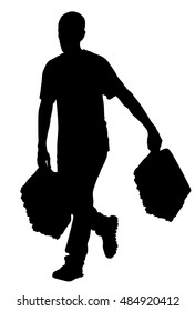 Worker carrying vector silhouette illustration isolated on white background. Moving situation. Transportation by hands.