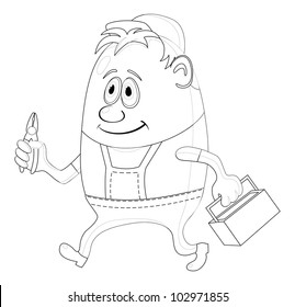 Worker, cartoon character, man in uniform and cap with pliers and toolbox, contour. Vector