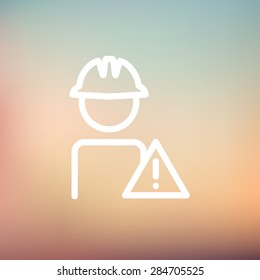 Worker in caution sign icon thin line for web and mobile, modern minimalistic flat design. Vector white icon on gradient mesh background.