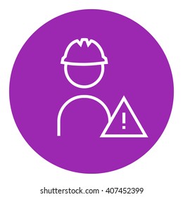 Worker with caution sign line icon.