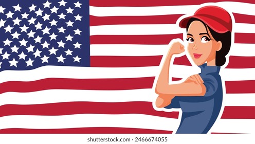 
Worker Celebrating Labor Day with American Flag Vector illustration. Cheerful worker showing strength and empowerment in USA 
