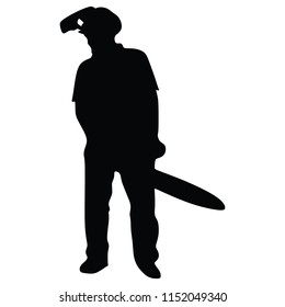 Worker with chainsaw vector illustration isolated on white background. Hard industry job equipment for strong man. Professional machine.