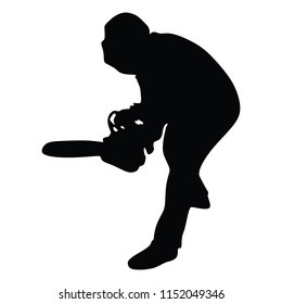 Worker with chainsaw vector illustration isolated on white background. Hard industry job equipment for strong man. Professional machine.