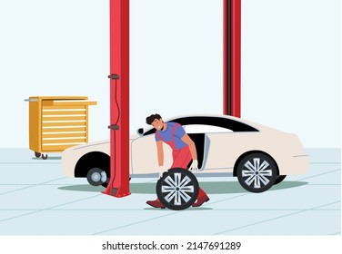 Worker Change Automobile Tires at Garage. Car Maintenance and Fixing Service. Male Characters Wear Uniform Mount Tyres at Mechanic Workshop, Vehicle Repair Service. Cartoon People Vector Illustration