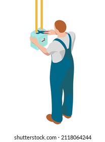 Worker is changing the gas meter. Gasman is turning nut with a gas wrench on the meter in isometric.
