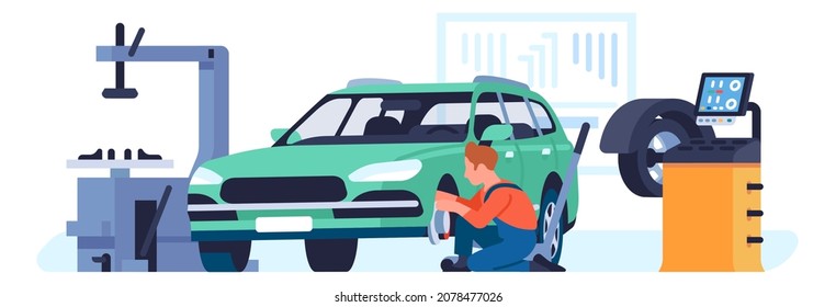 Worker changing tires. Car wheels service repair