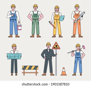 Worker character at construction site. Construction workers in various positions stand with their own tools. flat design style minimal vector illustration.