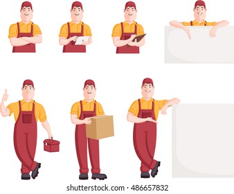 Worker character in different actions. Cartoon repairman.