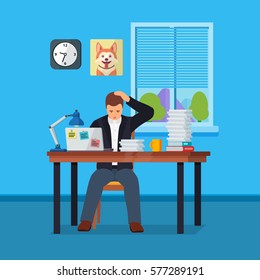 Worker character doing hard work. Business situation. Man in office banner in flat style. People in action. The manager works in an office with a window. More paperwork illustration