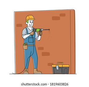 Worker Character Drill Brick Wall. Home Repair Service, Construction, Renovation and Remodeling Works, Locksmith Repairman in Robe with Tools, Engineering Installation. Linear Vector Illustration