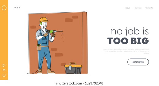 Worker Character Drill Brick Wall Landing Page Template. Home Repair Service, Construction, Renovation and Remodeling Works, Locksmith Repairman with Tools Installation. Linear Vector Illustration