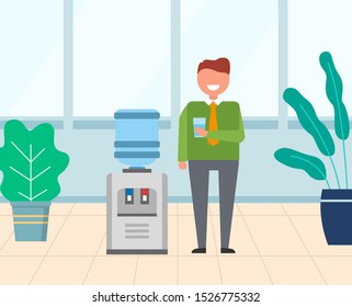 Worker character drinking water from special equipment with plastic bottle, hot and cold liquid. Smiling employee holding cup, technology in office vector. Manager in modern office with big windows
